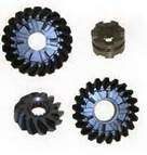 A set of four different gears that are black and blue.