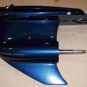 A blue motorcycle seat with the handle and seat post missing.