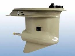 A boat motor is shown with the side of it.