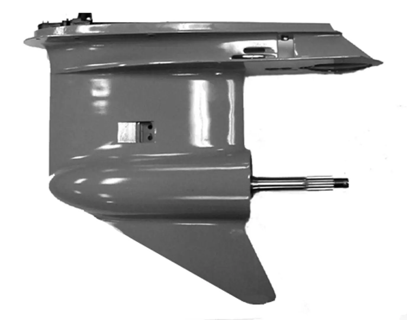 A gray outboard motor is shown with the front end missing.