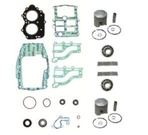 A group of parts that are laid out to make a motorcycle engine.