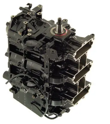 A black engine block with four different parts.